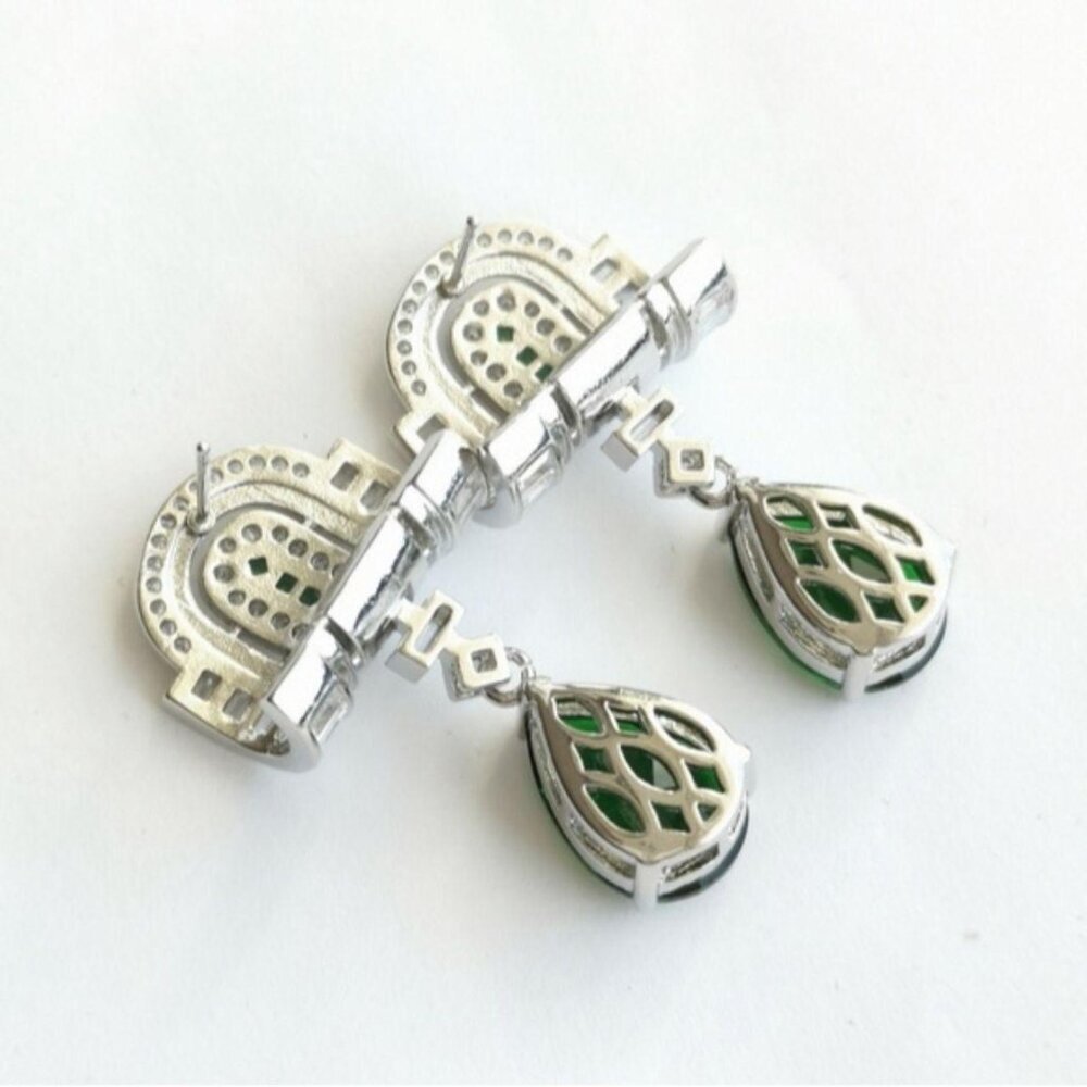 Emerald Cz Art Deco lever  earrings 14k white gold Overlay 🆕 - Picture 5 of 8